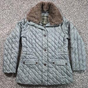 Eddie Bauer Goose Down Quilted Jacket Women's Medium Slate Blue Faux‎ Fur Preppy
